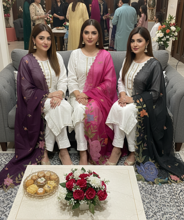 Shocking Pink Dupatta white Dress (Stitched)