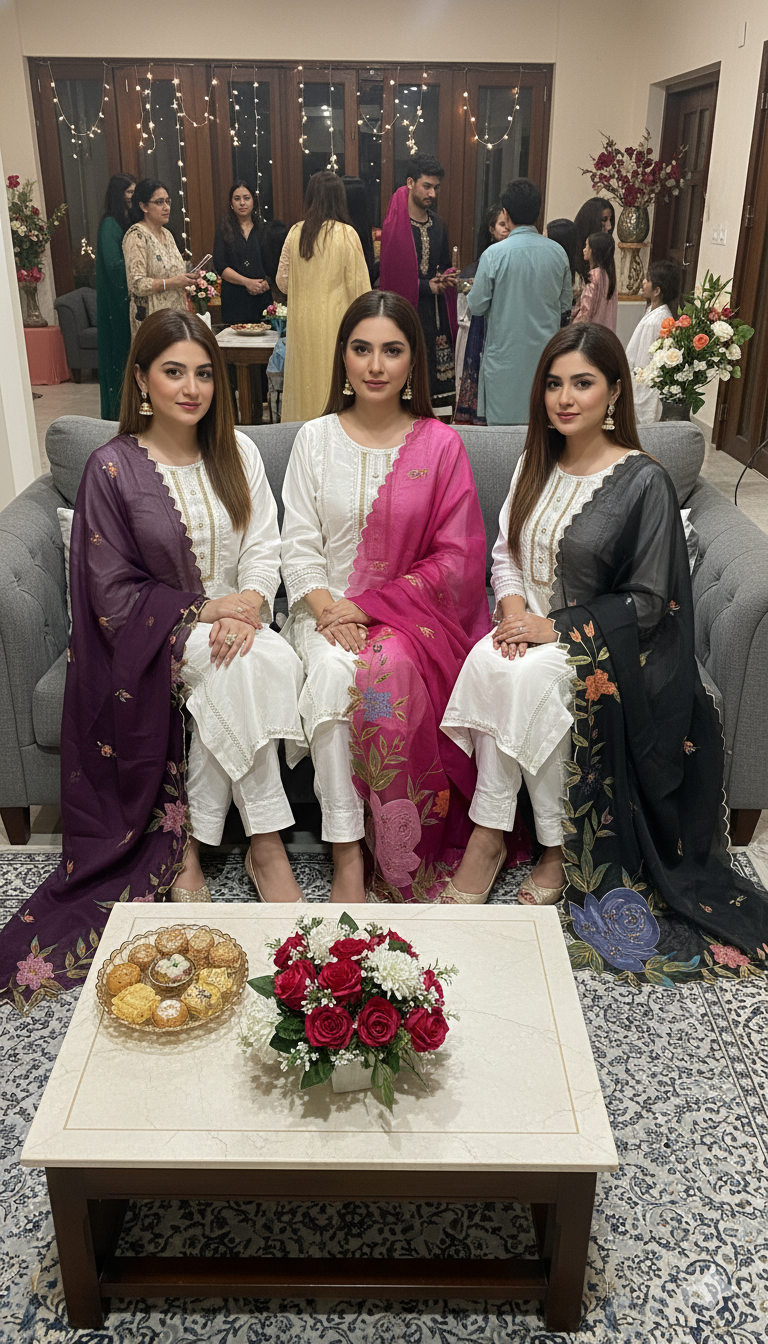 Shocking Pink Dupatta white Dress (Stitched)