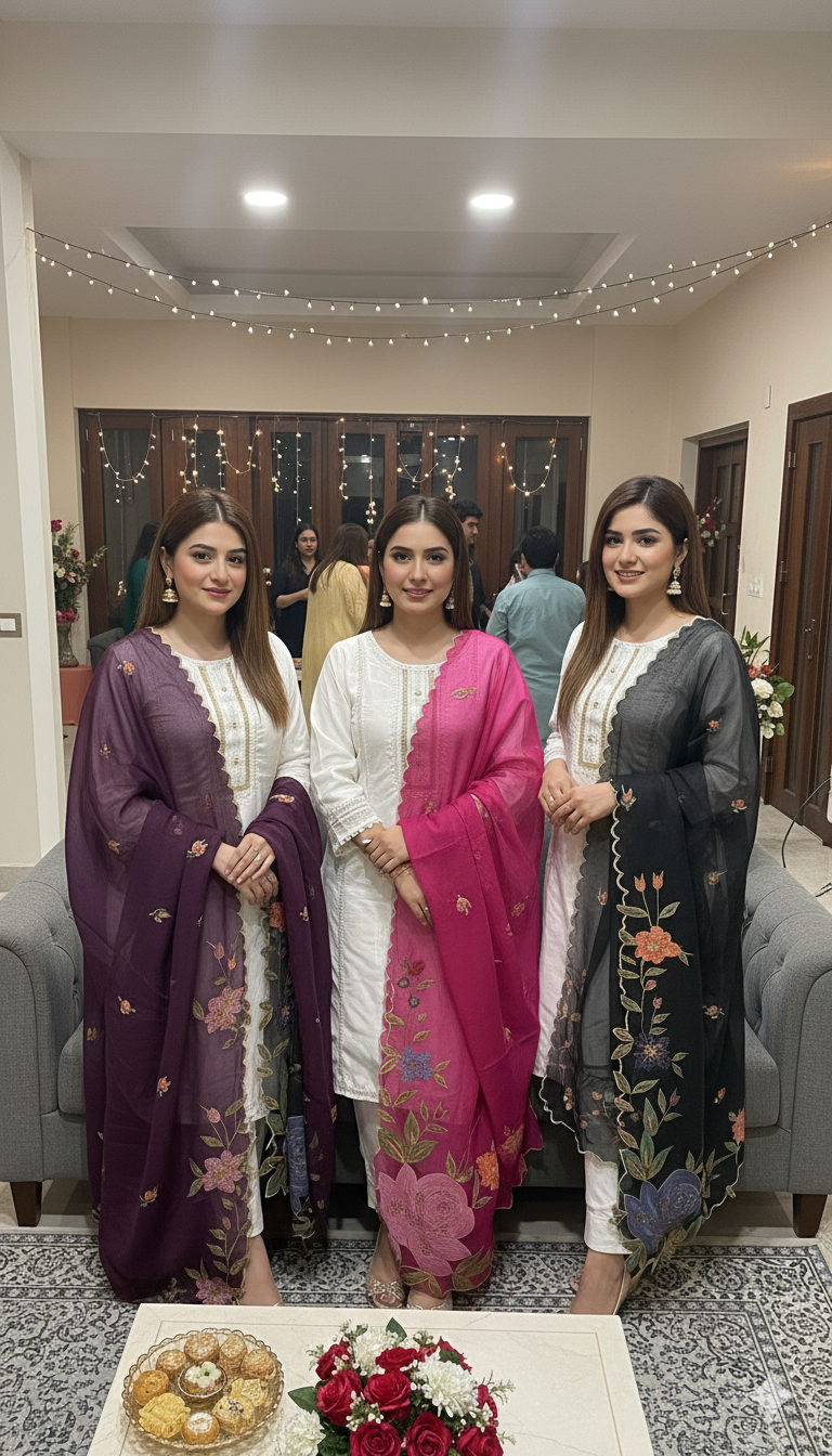 Shocking Pink Dupatta white Dress (Stitched) - Image 3