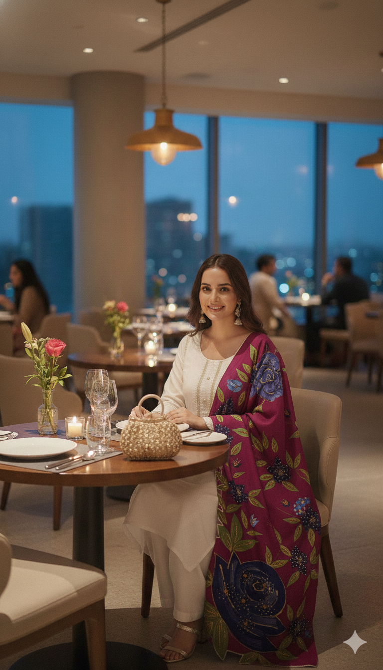 Shocking Pink Dupatta white Dress (Stitched) - Image 2